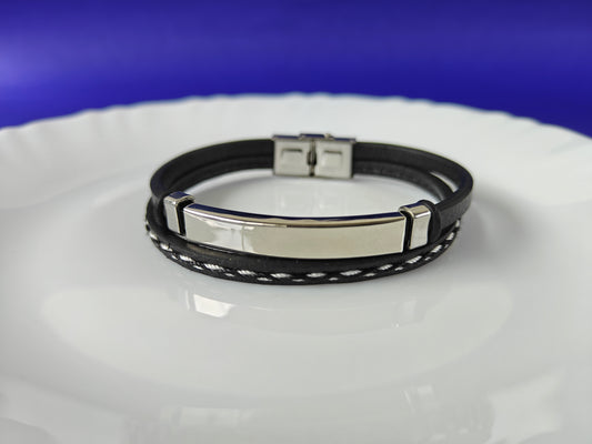BLACK LEATHER BRACELET TWO LAYER
